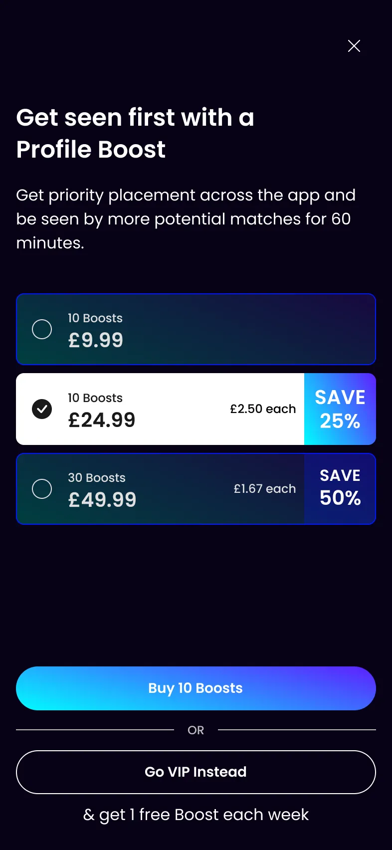 The Boost payment screen for a free member.