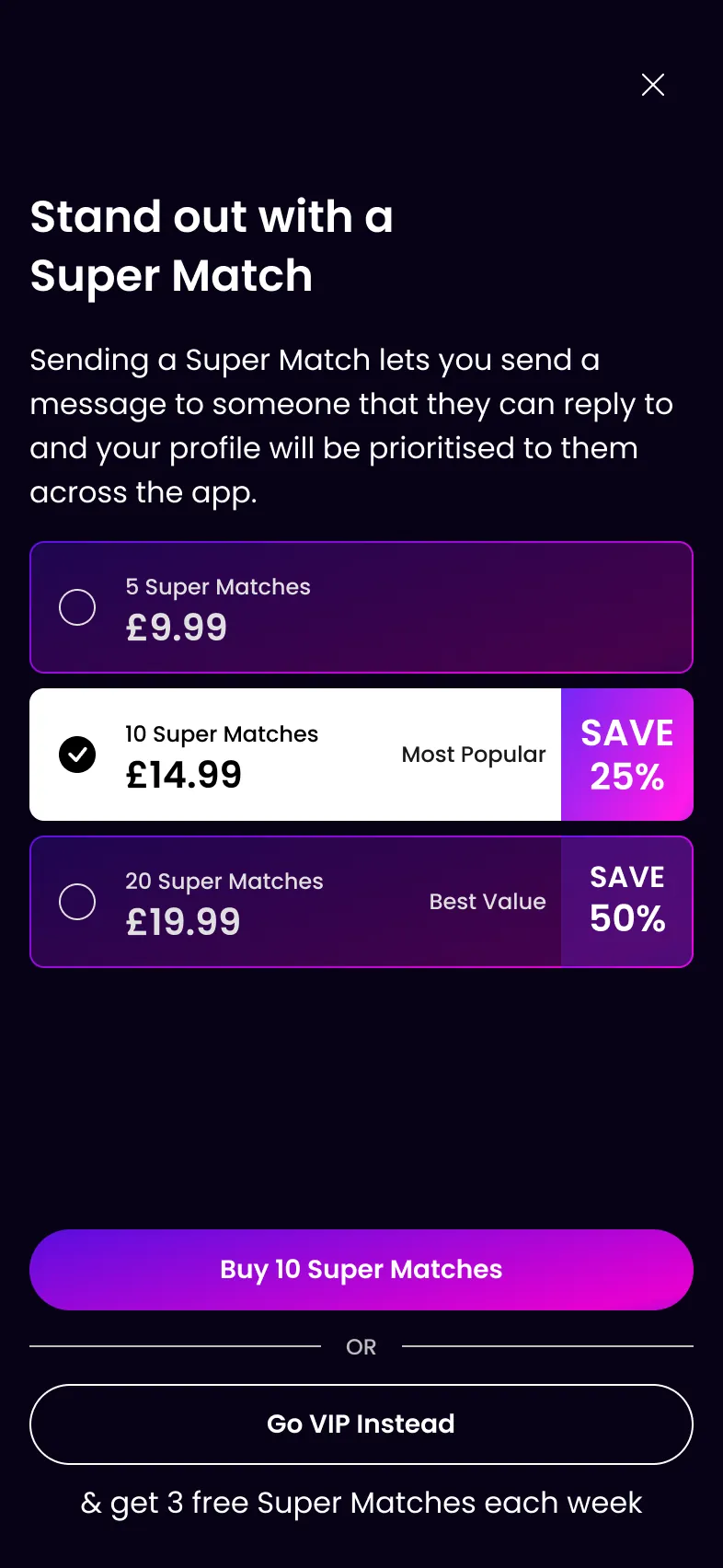 The Super Match payment screen for a free member, with a Go VIP Instead secondary option.