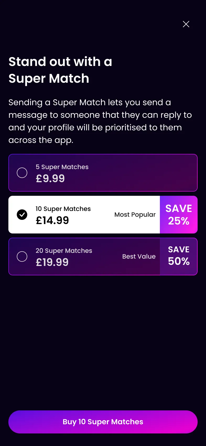 The Super Match payment screen for a VIP member.