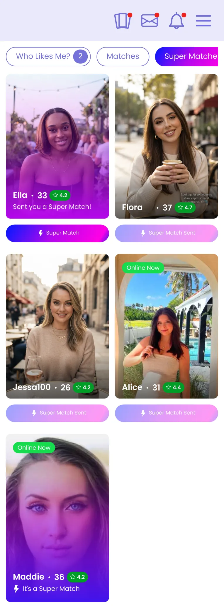 The Super Matches tab, showing sent, received and mutual states.