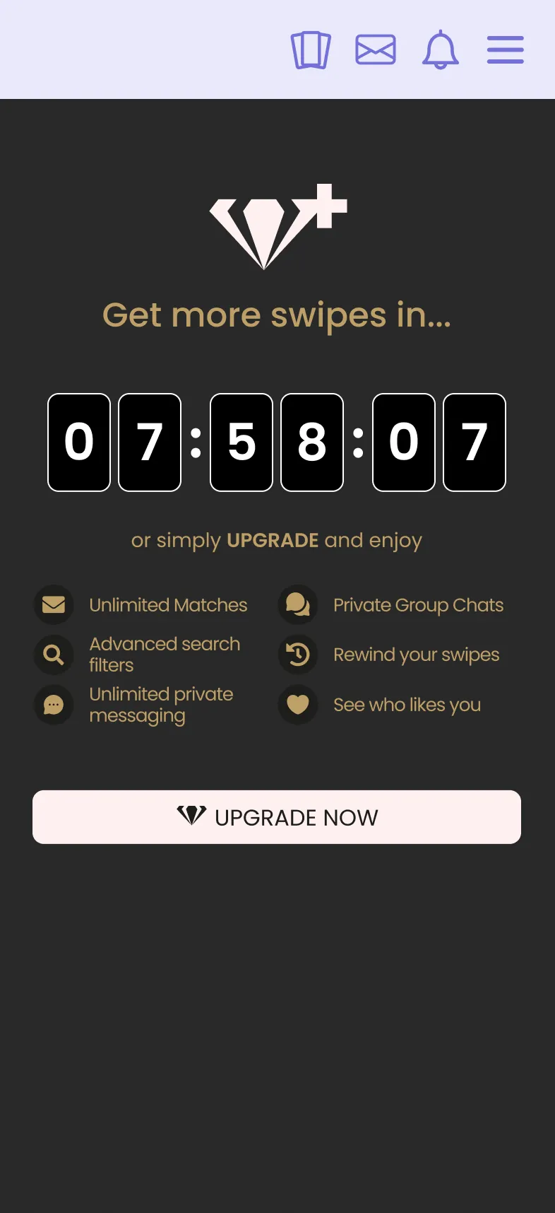 The like limit a free member sees on hitting the daily cap, with a countdown to reset.