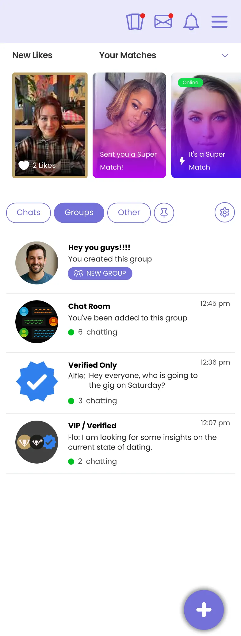 The Groups tab, showing member-created private groups alongside chat room types.