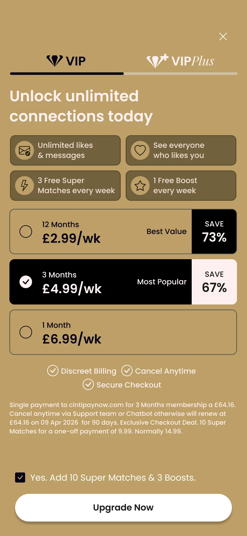 The VIP upgrade screen, with a consumable bundle pre-ticked above the call to action.