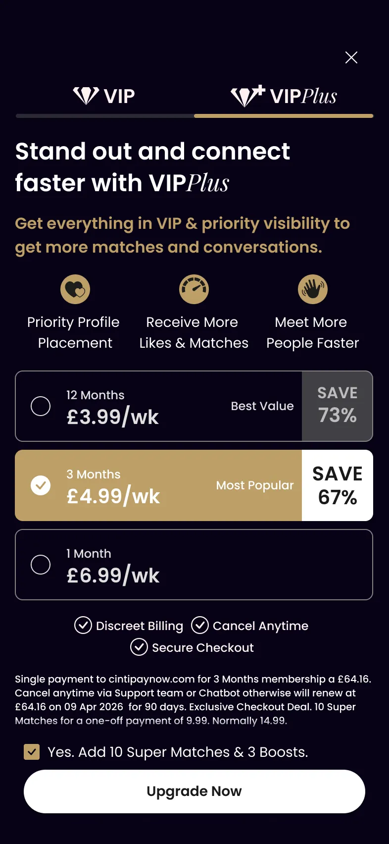 The VIP+ upgrade screen, leading on placement and visibility.